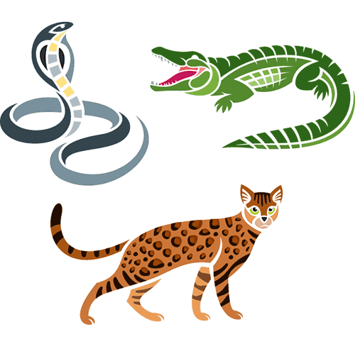 cobra, crocodile, bobcat